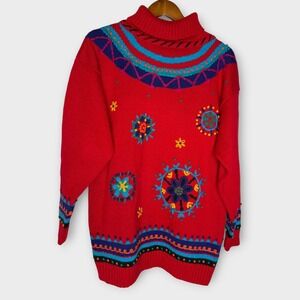 Vintage Turtleneck Sweater Chunky Grandma Red Blue Embroidered Tunic Size Small